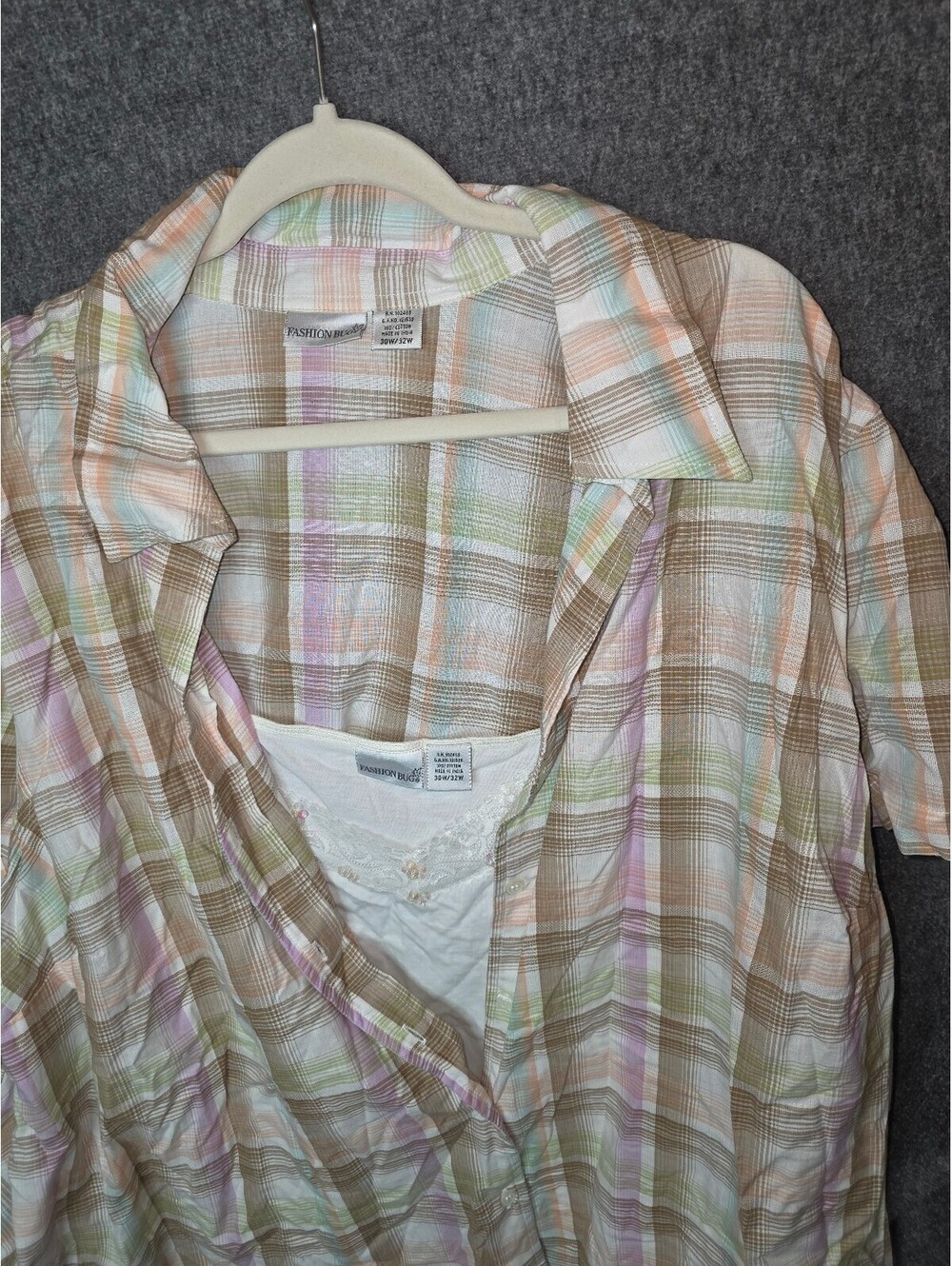 Fashion Bug Women's Button-Up Plaid Blouse with White Tank Top 30/32